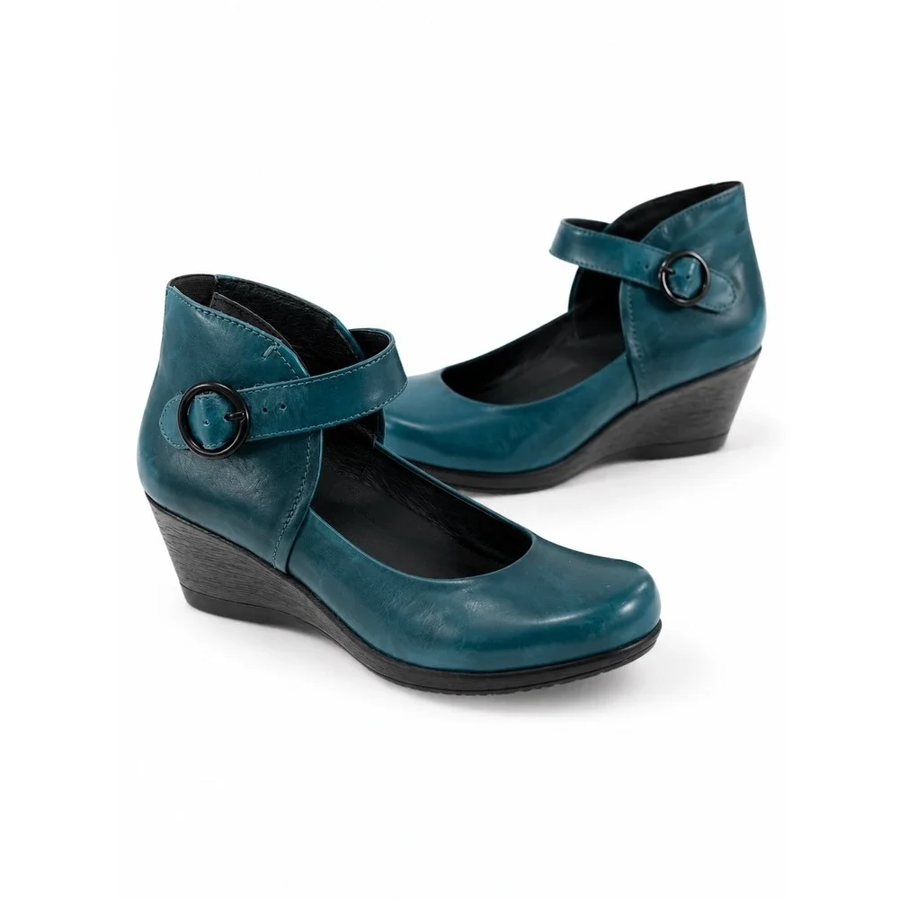 Dansko Rebel Wedge Pump Teal Blue Leather Mary Jane Ankle Strap EU 38 US 7.5-8